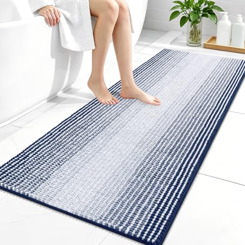 Image of OLANLY Bathroom Runner Rugs 47x24, Extra Soft Absorbent Chenille Striped Bath Rugs, Rubber Backing, Machine Wash Dry, Long Bath Mats for Bathroom, Tub, Shower, Home Decor Accessories, Navy