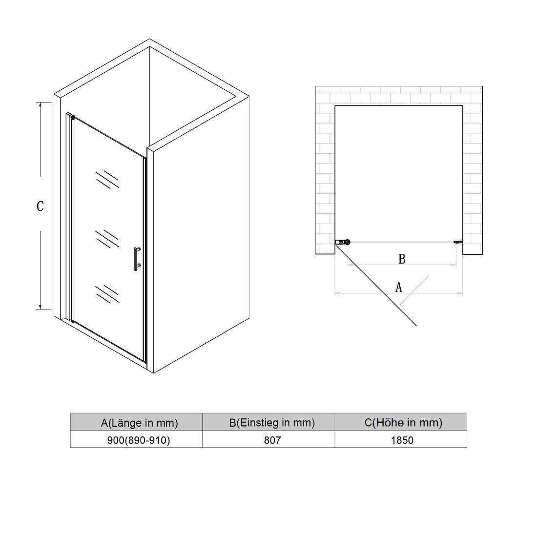 SONNI Pendeltür für Nische mit 5 mm ESG-Nano, Duschtür, Silber, 90x185 cm | ESG-Nano-Glas, Hebe-Senk-Pivotsystem, Edelstahl-H-Griff, rahmenlos, nach außen öffnend, beidseitig montierbar