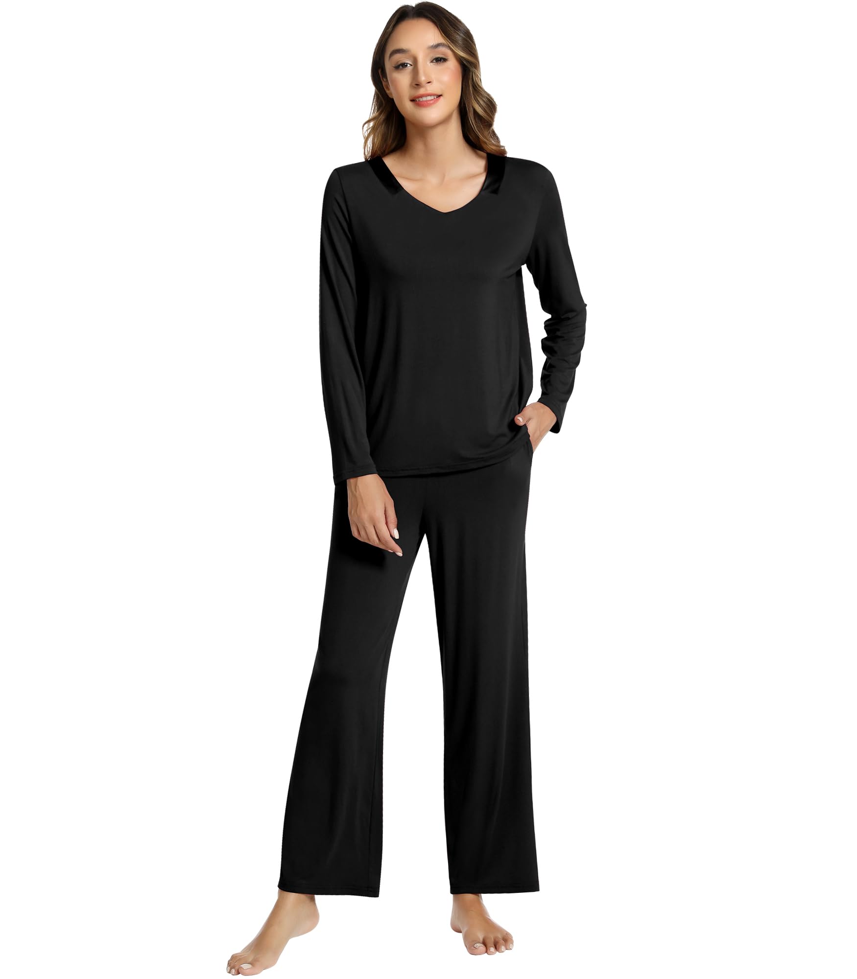 NACHILA Women's Bamboo Viscose Pajamas Set - Comfy Long Sleeve V-Neck Sleepwear