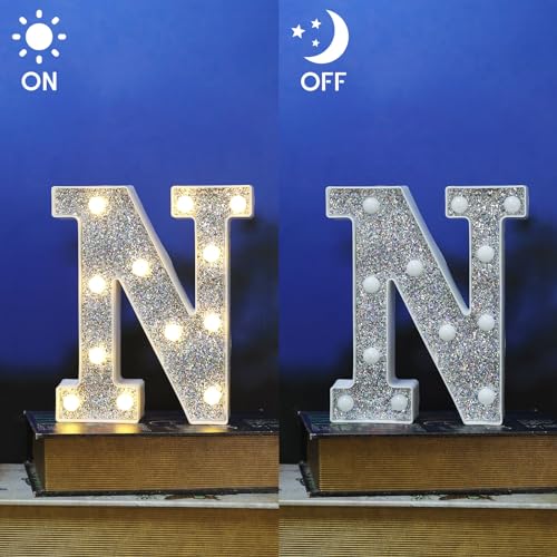 Image of LED Marquee Light Up Letters, 26 Alphabet Lighted Letter and 10 Number, Battery Powered Night Light for Room Decor, Home Birthday Wedding Bar Party Decoration, Shiny Silver Diamond (Letter N)
