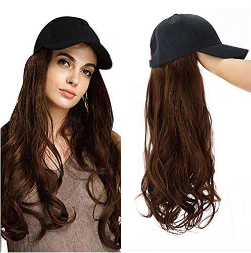 Gerulyss Black Baseball Cap with Wavy Curly Light Brown Hair Extension 18 Inches Long Wigs for Women Hats with Hairpieces (light brown, curly hair)