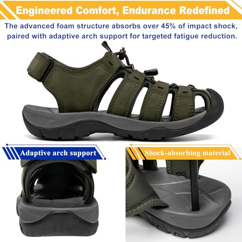 Mens Hiking Sandals Closed Toe Walking Sport Leather Comfortable Waterproof Summer Outdoor Beach Athletic Trail River Fishing Fisherman Military-Green4