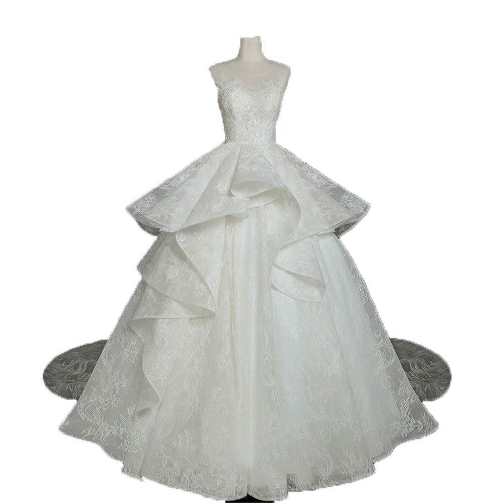 Femmes Fleurs Dentelle Appliques Volants Balayage Robe de Mariée Robe de Mariée Dos Nu Robe de Mariée Dentelle Robe de Mariée, Ivoire, XXL