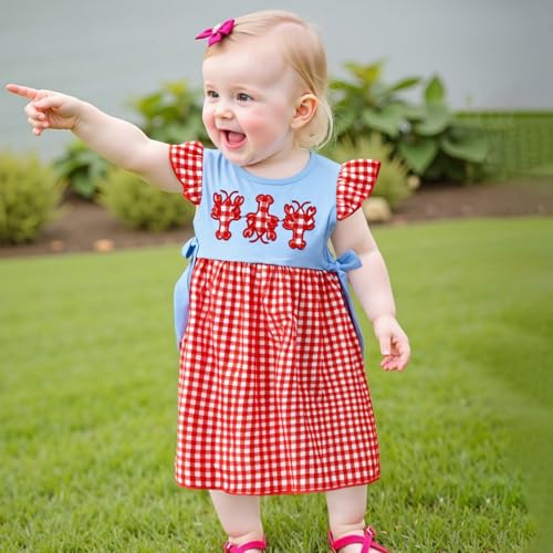 Toddler Baby Girl Crawfish Dress Fly Sleeveless Lobster Crab Embroidery Bow Plaid Smocked Dress Summer Dresses3