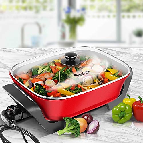 Foto von TurboTronic Elektropfanne, 40x30x9 cm, 1500W, Multipfanne mit Glasdeckel, Paellapfanne mit Thermostat, Pizzapfanne, Buffetpfanne (Rot)