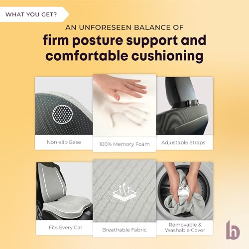 Image of betterhood PosturePro Premium Car Lumbar Back Support and Seat Cushion Combo | 100% Memory Foam, Cotton Cover, Large Size | Backrest + Coccyx Pillow for Back, Tailbone Pain Relief | Ergonomic (Grey)