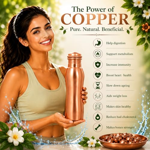 Image of Pure Copper Water Bottle - Handcrafted - Ayurveda health benefits - Large 750 ml - Leak proof, Easy to carry for Sports, Fitness, Yoga, School - Natural Copper Finish