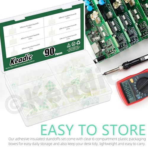 Keadic 90Pcs Nylon PCB Abstandshalter Sortiment Set, 20.5.4/20.6.3/20.8.8.8/20.12.8/20.16.2mm selbstklebende isolierte Standoffs, Snap-in Pfosten feste Clips für PC-Board, Computer-Motherboard