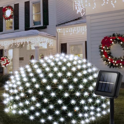 DBFAIRY Solar Net Lights 5 x 5ft,100 LEDs Outdoor Net Mesh Lights,Dark Green Cable Auto On/Off 8 Modes Bush Mesh Light for Trees Bushes Garden Yard Decoration- Cool White