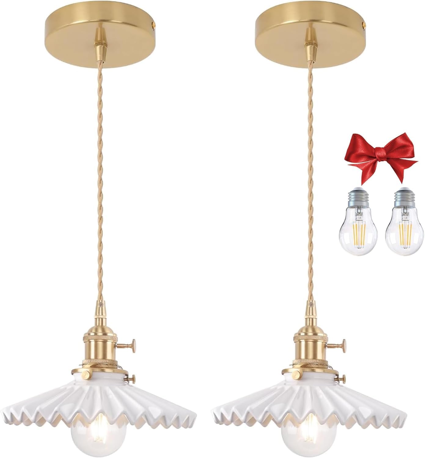 Bravsekai White Pleated Glass Pendant Light, 2 Natural Light Bulbs Included, Adjustable Cord with Switch, Suitable for Kitchen Island/Dining Room