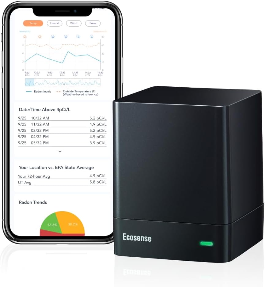 Ecosense EQ100 EcoQube, Digital Radon Detector, Fast Capture of Fluctuating Levels, Short & Long-Term Continuous Monitoring with Trend Charts, Remote Data Access, Only Support 2.4 GHz Networks