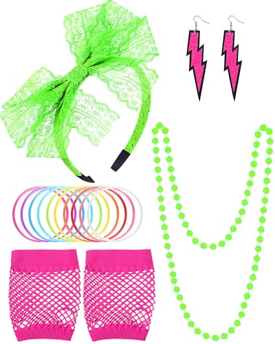 Blulu 80s Fancy Costume Accessories Women Lace Headband Earrings Fishnet Gloves Necklace Bracelet Outfit for 80s Retro Party(Fluorescent Green Rose Red)