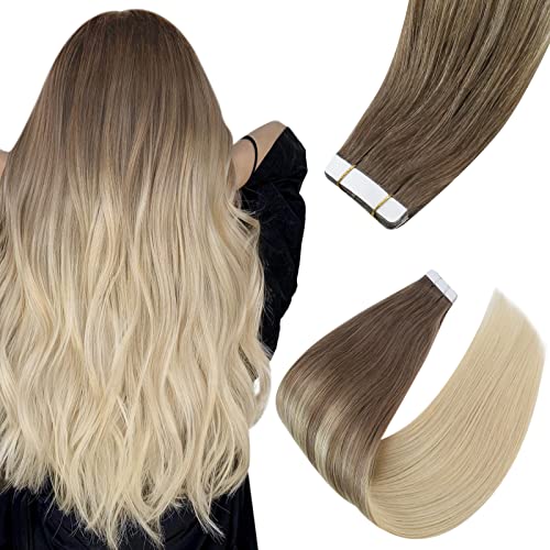 VeSunny Tape in Ombre Hair Extensions Human Hair #Bala8/60 Light Brown Fading to Platinum Blonde Hair Tape in Extensions Ombre Invisible Tape on Hair Extensions Brown Ombre 20inch 10pcs 25g