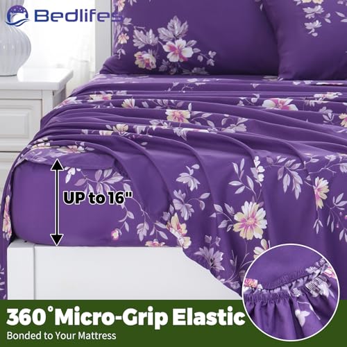 Image of Bedlifes King Floral 4-Piece Sheet Set - Cooling Sheets Blend Rayon Derived from Bamboo,Soft & Breathable, Deep Pocket 16 inch, Wrinkle Resistant - Vibrant Boho Floral Dark Purple