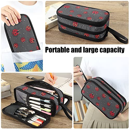 Image of Fustylead Red Ladybugs Large Pencil Case, Minimalist Portable Stationery Bag Cosmetics Bag with Handle for Middle High College School Office Travel