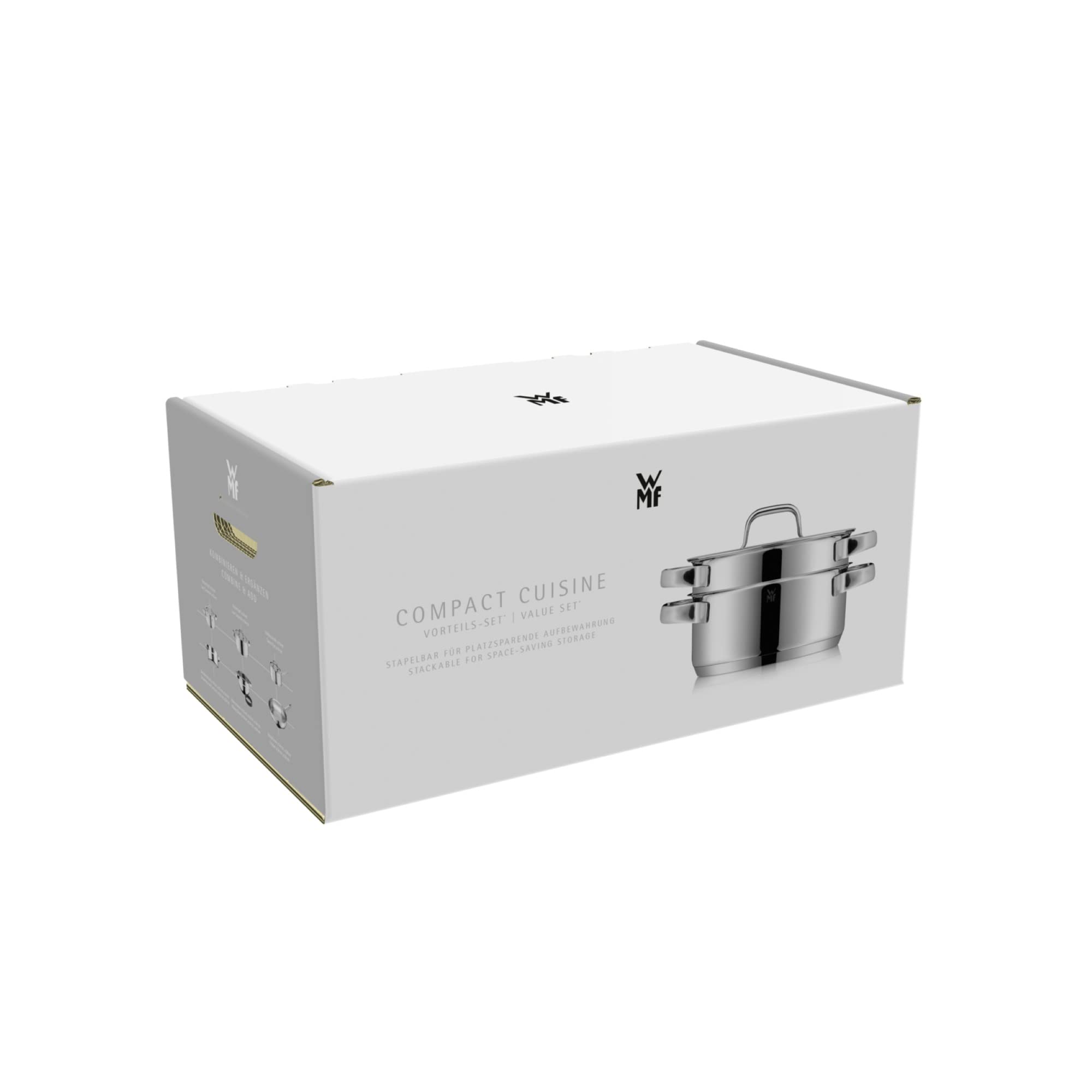 WMF Compact Cuisine - Set di pentole a induzione, 5 pezzi, con coperchio in vetro, in acciaio inox Cromargan lucidato, non rivestito, scala interna