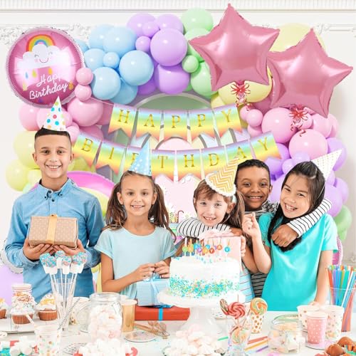 Image of Rozi Decoration Rainbow Birthday Decoration Kit - 58 Pcs Happy Birthday Decor Set with Foil Balloon, Banner, Arch & 50 Pastel Balloons for Boys & Girls Birthday Party Supplies