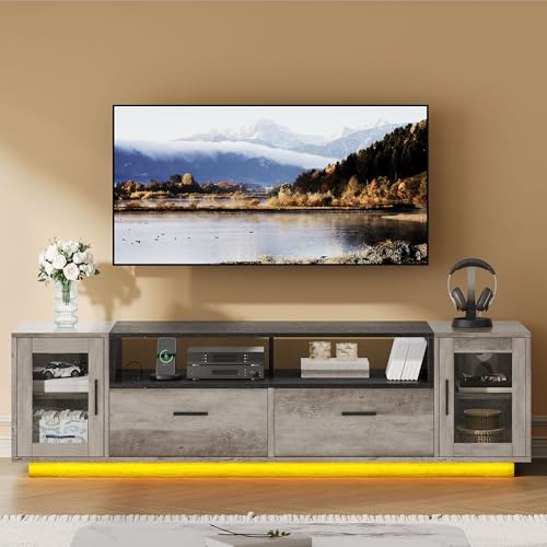 DWVO Modern TV Stands for Living Room with Power Outlets, Farmhouse TV Stand for 65+ inch TV, LED Entertainment Center with Storage Cabinet, TV Console Cabinet, Gaming Media Stand, Rustic Grey
