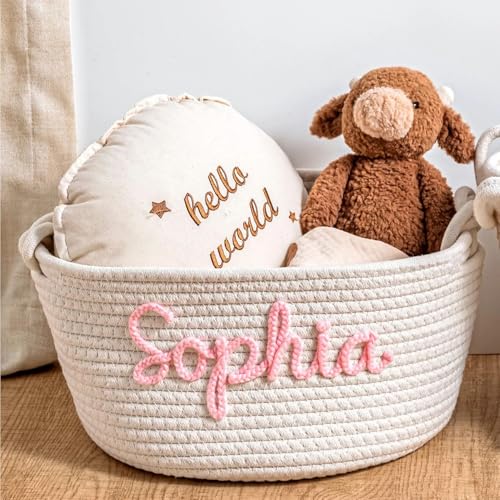 Cesta Personalizada Para Baby Shower, Cestas Grandes Tejidas A Mano Con Algodón Y Cuerda, Nombres Y Diseños Personalizables, Organizador De Ropa Y Pañales, Regalos Para Recién Nacidos(L:40X15X21CM)