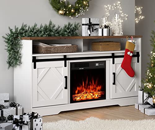 Wampat Fireplace Tv Stand For Tvs Up To 65 Inch, Farmhouse Wood Electric Fireplace Entertainment Center With Storage 2 Heating Mode And 5 Brightness For Living Room, White #TOP8