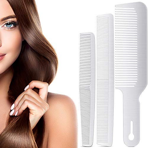 3 Pieces Barberology Metal Comb Set Includes Stainless Steel Clipper Flattop Barber Comb Taper Comb Cutting Comb for Men Women, Silver