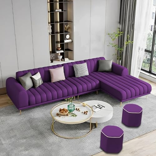 Image of Casaliving Herrick RHS 6 Seater L Shape Sofa Set with 2 Puffy for Living Room (Purple) Premium Velvet Fabric Sofa