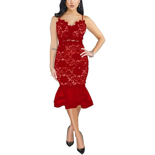 Salimdy Women Sexy Floral Lace Mesh Sheer Hollow Out Deep V Neck Spaghetti Strap Bodycon Pencil Mermaid Midi Dress