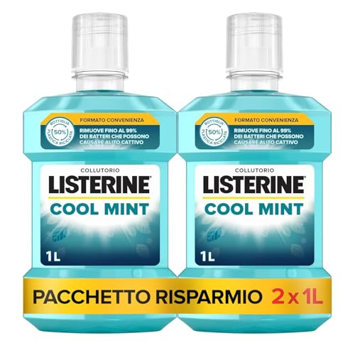LISTERINE Cool Mint, Collutorio al gusto Menta, Con Fluoruro e Oli Essenziali Antibatterici, Collutorio LISTERINE per un alito fresco e un'igiene orale completa, 2 x 1 L – Esclusiva Amazon