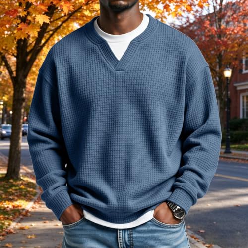 Mens Waffle Long Sleeve Shirt Knit Textured V Neck Pullover Sweatshirt - image 2