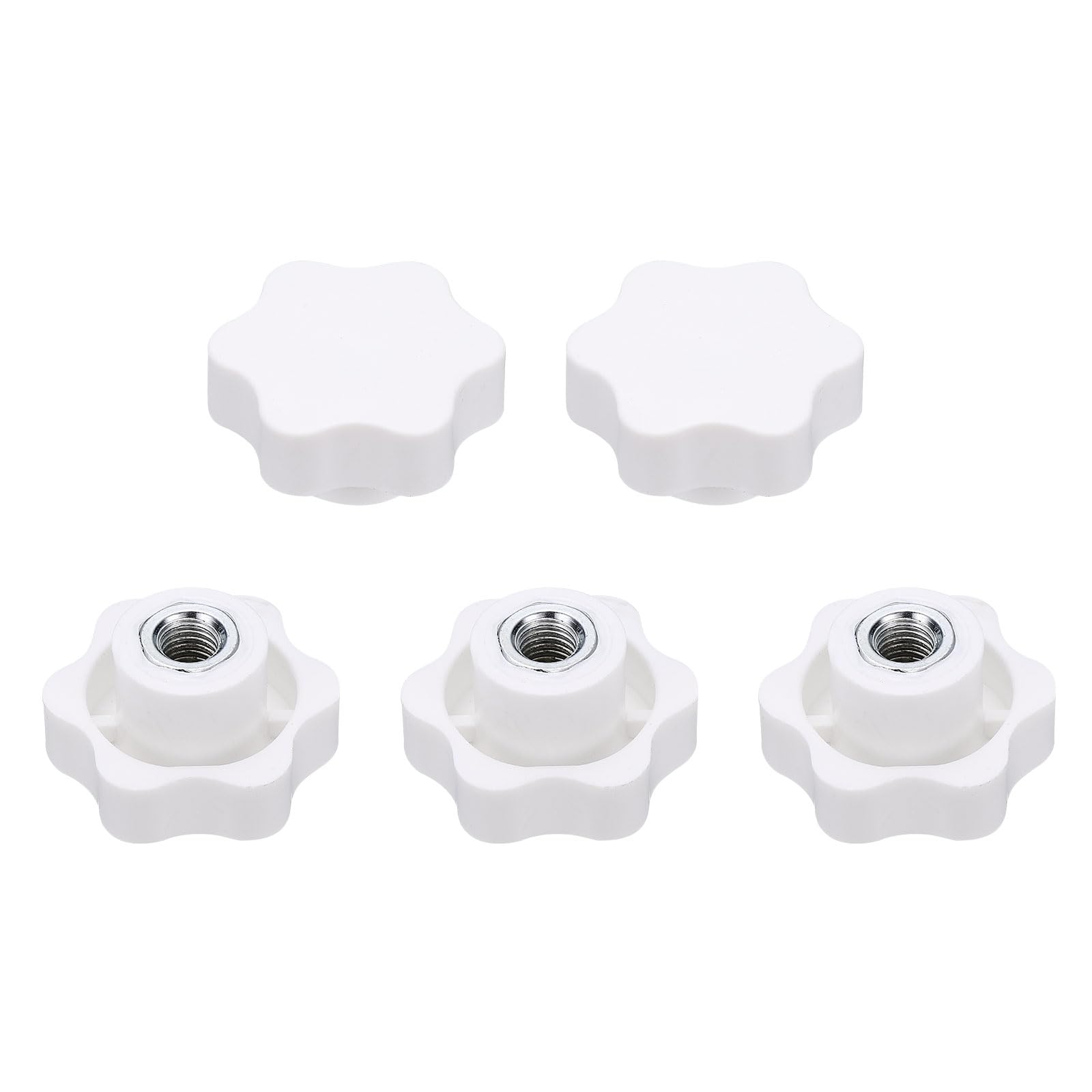 sourcing map 5pcs Star Clamping Nuts M10 Female Thread 48mm 6-Point Plastic Head Iron Insert Non-Through Hole Screw-in Threaded Knob Hand Tightening Clamping Handles, White
