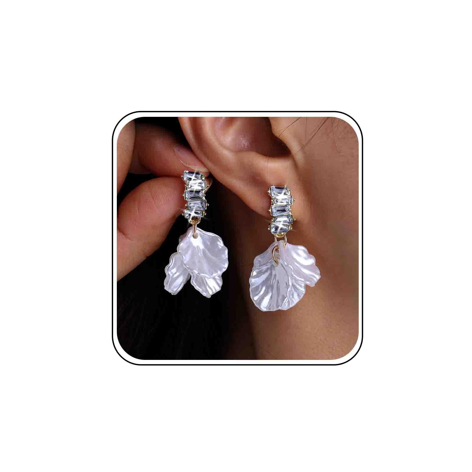 Atentuyi Boho Flor Pendientes Colgantes Oro Blanco Pendientes De Flores De Acrílico Pétalo De Rosa Pendientes Florales Pendientes De Borlas Brillantes Pendientes Joyería Para Las Mujeres Y Las Niñas