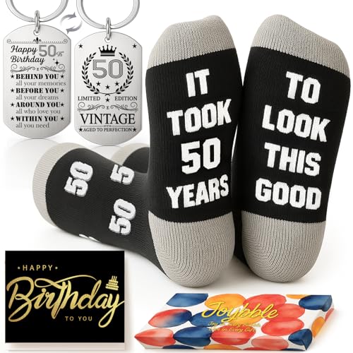 Joybble Birthday Gifts for Boys Men, Men Calf Socks Black Size 9-11, Birthday Gifts Unique Funny Gift Set for 18-60th Man, Keychain Decorations for Him, Presents for Dad Grandchildren (50th)