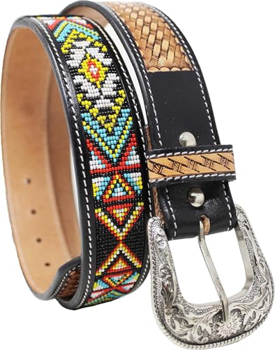 Quality Handmade Beaded Men's Leather Belt Thick Durable Wax Colorful Beaded Designs Cowboy Western Style Alloy Classic Fitted Belt Casual Formal Wear Size: Waist 31-34 inches - Length 39 inches2