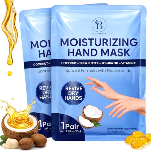 Repairing Hand Mask Gloves for Dry Cracked Hands Hand Masks with Coconut Shea Butter Jojoba Oil & Vitamin E Moisturizing Gloves Skin Care Gifts for Women & Men Self Care Gifts for Women(2 Pairs)