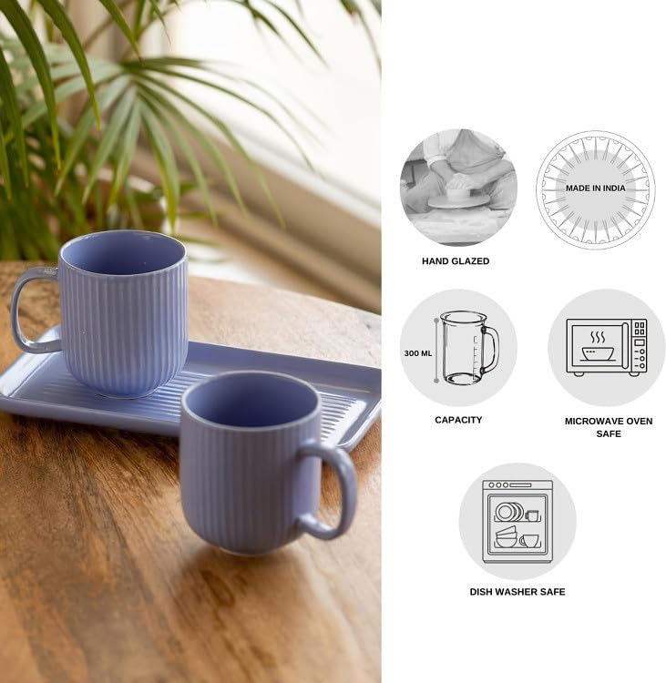 Image of Premium Stoneware Ceramic Mug & Serving Set (Set Of 3) | Handmade Striped Tea & Coffee Mugs with Tray & Dip Bowl | Microwave Safe, Dishwasher Safe Cups for Hot & Cold Beverages| Blue