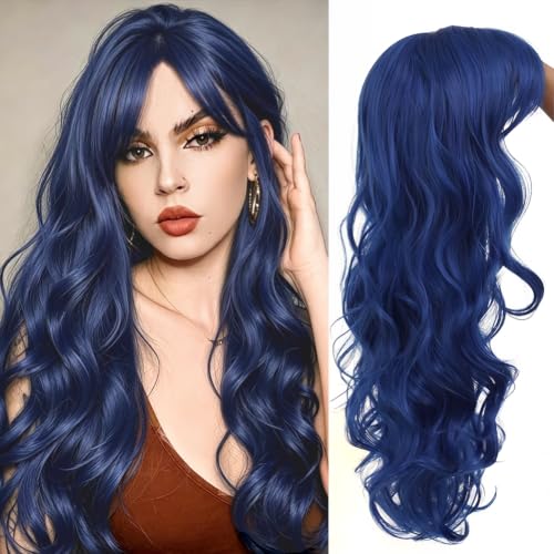 Salaibs Long Blue Curly Wavy Wig for Women Mermaid Wigs with Bangs Natural Looking for Daily Party Cosplay Halloween Use（Royal Blue）