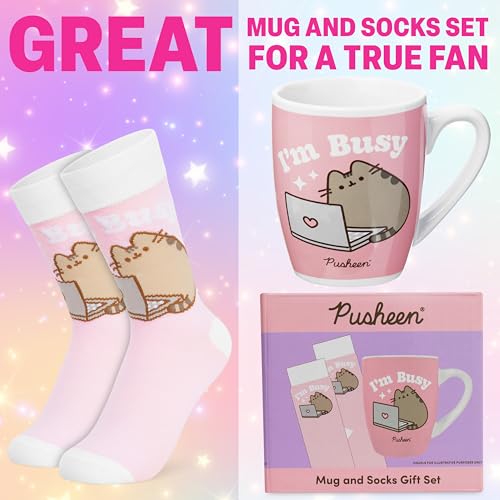 Image of Get Trend Pusheen 11oz Mug and Socks Set, Novelty Valentines Day Gifts for Women, Wife, Girlfriend Teens, Crew Socks Ceramic Coffee Mug Microwave Safe (Pink Pusheen)