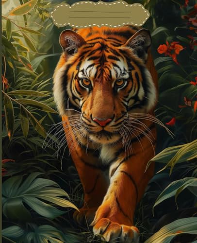  Quaderno a righe 4a e 5a elementare: quadernone formato A4,1 rigo con margine, carta bianca: tigre nella foresta - perfetto per prendere nota e studiare