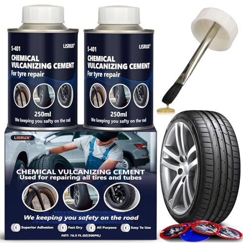 Chemical Vulcanizing Cement 16.5 FL.OzAll Purpose Tire Repair Glue Fast Dry Rubber Cement Tire Patch Kit with Brush Top & 20 Tire Repair PatchesIdeal for Car Motorcycle Bike
