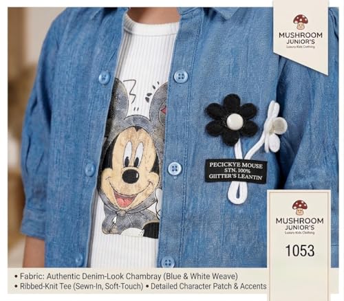 Image of Kids' Denim‑Look Chambray Shirt with Sewn‑in Tee, Puff Sleeves, Casual Layered Top
