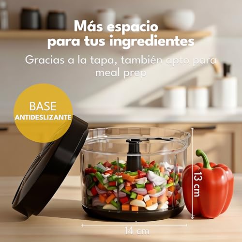 Miniatura 2 de Lebenlang Picadora Manual Con Cuerda Verduras Cebollas - 1l Trituradora Alimentos De Frutas Libre De Bpa Negra Cortador Vegetable Chopper Picador De Verduras Cortador De Verduras Manual