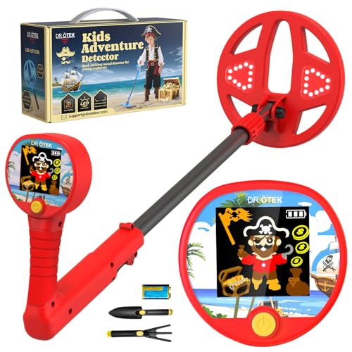 DR.ÖTEK Kids Metal Detector Innovative Color LCD Display 17cm LED-Lit Coil Adjustable & Ultra-Lightweight Metal Detector Kids Child-Safe Rounded Design for Ages 3-12 Red