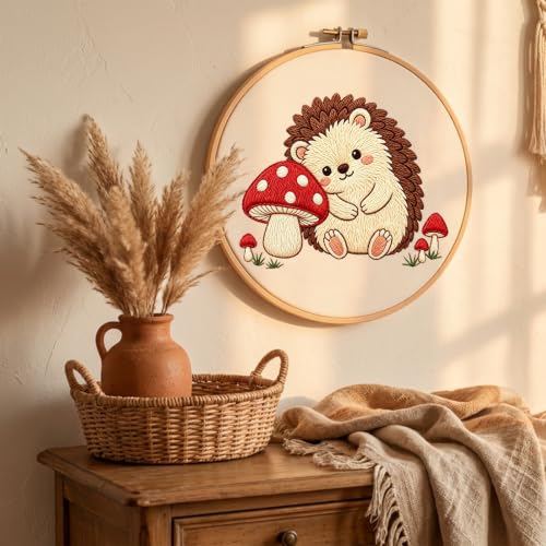 Image of Nuberlic Embroidery Kit for Beginners Stamped Hedgehog Needlepoint | Stamped Animal Embroidery Starter Kit for Adults Complete Cross Stitch Kit Home Decor, Gifts And Relaxing Art