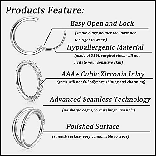 Yadoca 10Pcs Clicker Belly Button Ring For Women Surgical Steel Cz Belly Rings Simple Bar Reverse Curved Navel Rings Hoop Clicker Segment Belly Barbell Piercing Jewelry Silver Tone 14G #TOP2