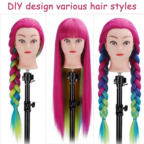 Training Head, TopDirect 29" Colorful Hair Mannequin Manikin Head Cosmetology Doll Head Practice Styling Hairdressing Training Braiding Heads with Clamp Holder and Tool Set