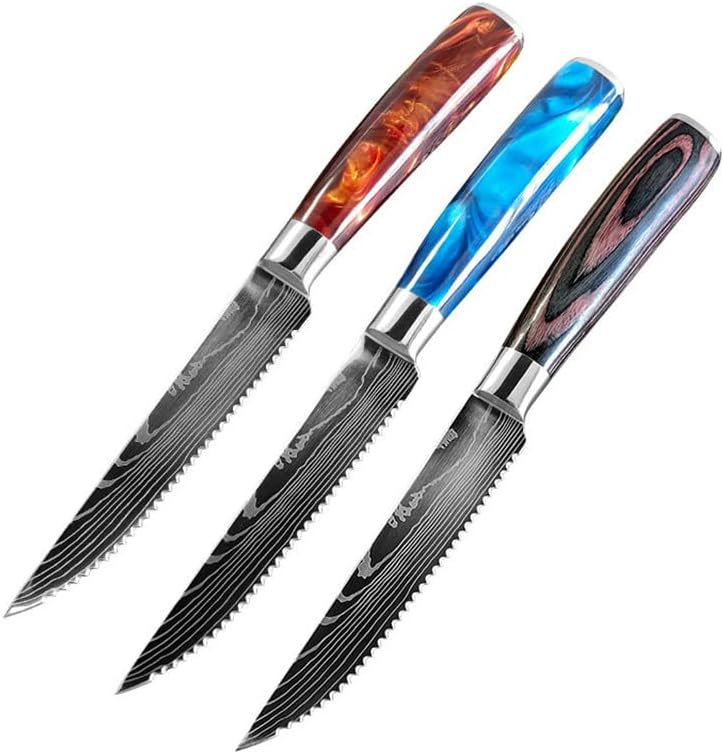 Steak Knife Set, 3PCS Steak Knife Set Damascus Pattern Stainless Steel Serrated Knife Beef Cleaver Multipurpose Restaurant Cutlery Table Knife (Color : 3pcs Set)