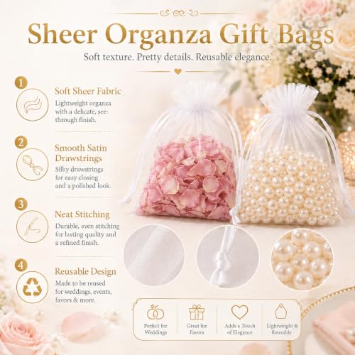 Image of Sukh 100pcs Organza Bags 5''x7'' - White Sheer Mesh Drawstring Bags for Jewelry, Soap, Fruits, Candy, Small Gift Bags for Weddings, Valentine's Day, Father's Day, Halloween, Thanksgiving, Christmas