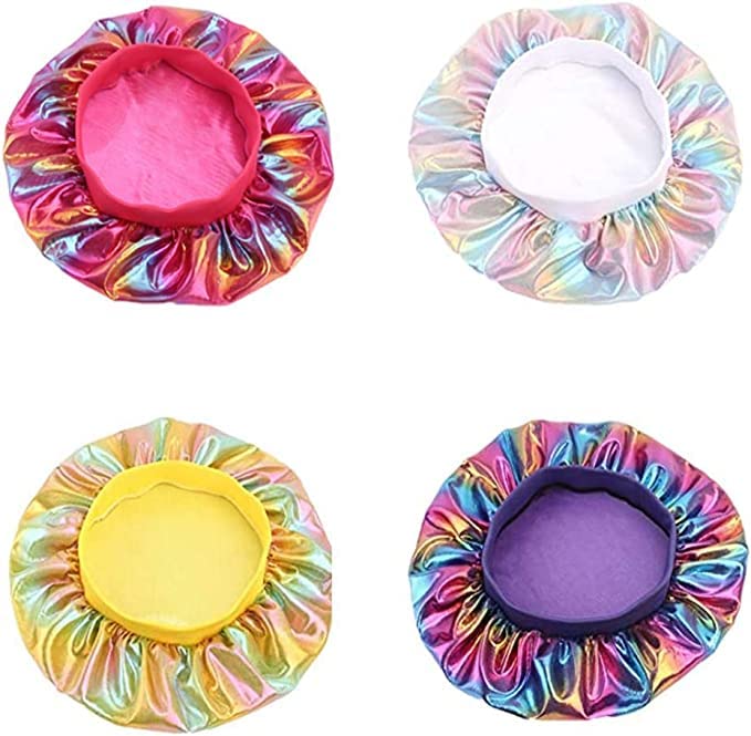 4 Pack Holographic Sleeping Cap Comfortable Elastic Band Satin Cap Silk Bonnets Satin Bonnets for Women Colorful Printing Sleep Cap for Women and Girls