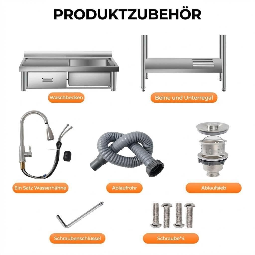 Küchenspüle Edelstahl Freistehend Mit Schublade & Arbeitstisch Waschbecken | Mit Ausziehbarer Armatur, Warm- & Kaltwasseranschluss, Outdoor Spüle Waschbecken Für Outdoor, Küche, Camping