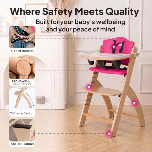 Image of Abiie Beyond Junior Wooden High Chair for Babies and Toddlers - Convertible 3-in-1 Baby Highchair with Removable Tray - 6 Months to 250 Lb - Water Resistant - Natural Wood /Raspberry Cushion